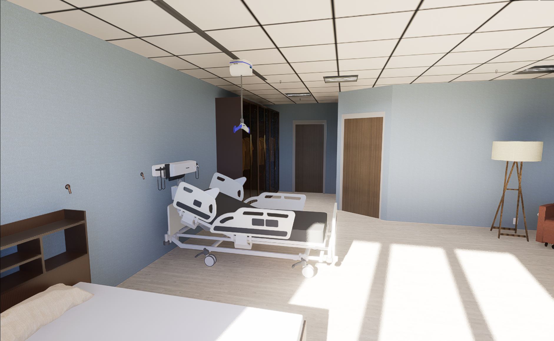 Hospital double bed room viewing door and seat