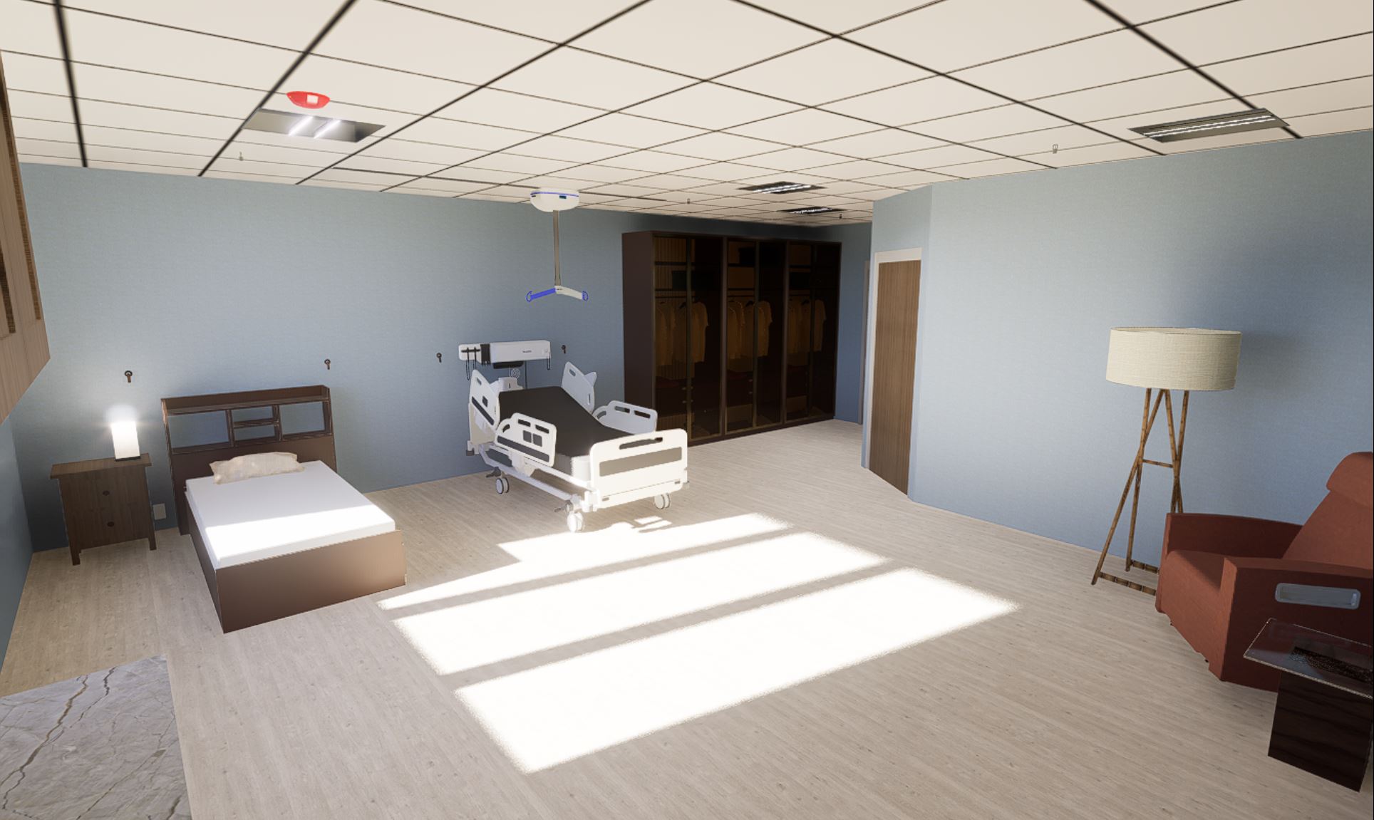 Hospital double bed room viewing door and seat